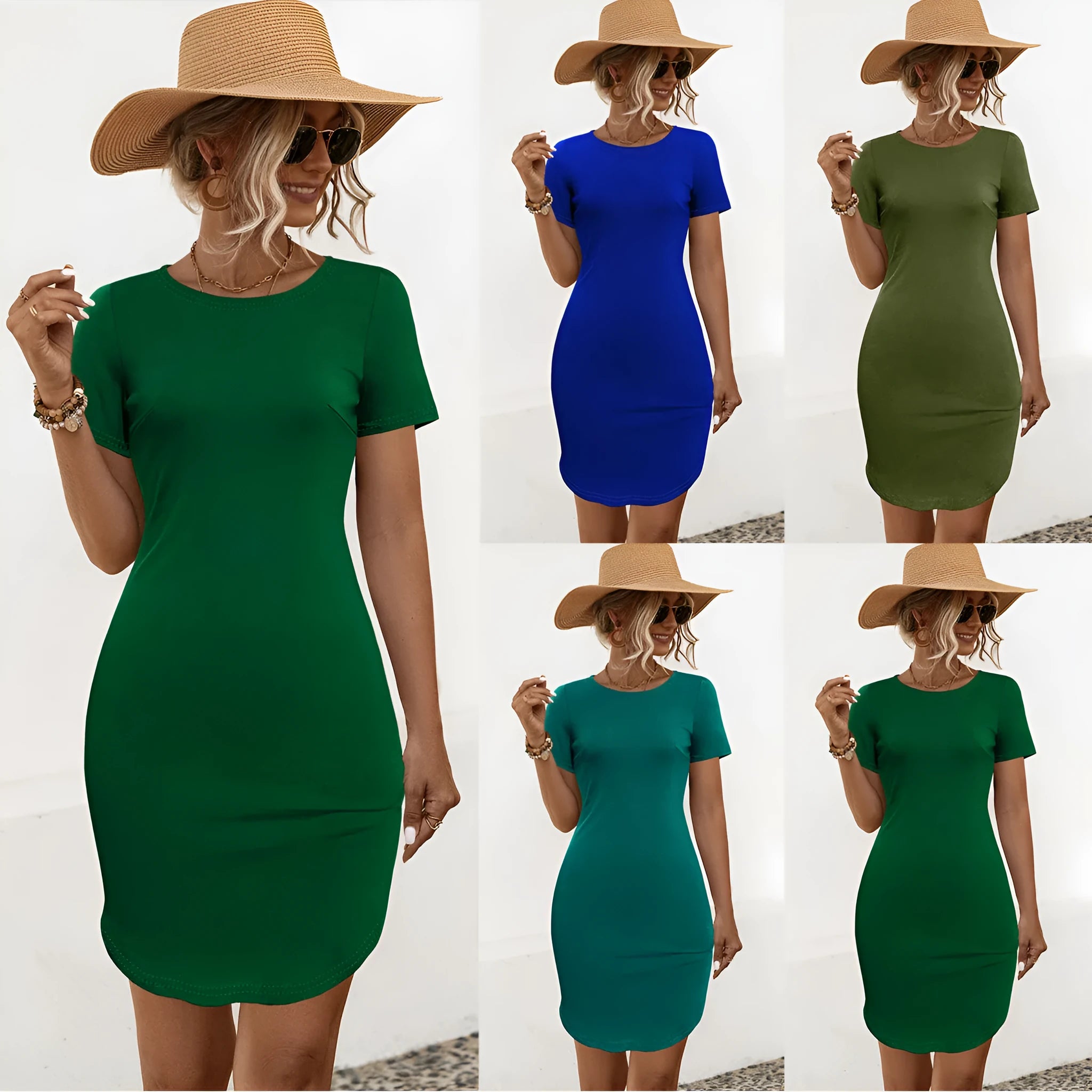 Women's slim fit short sleeve dress with U-shaped split detail in solid colour