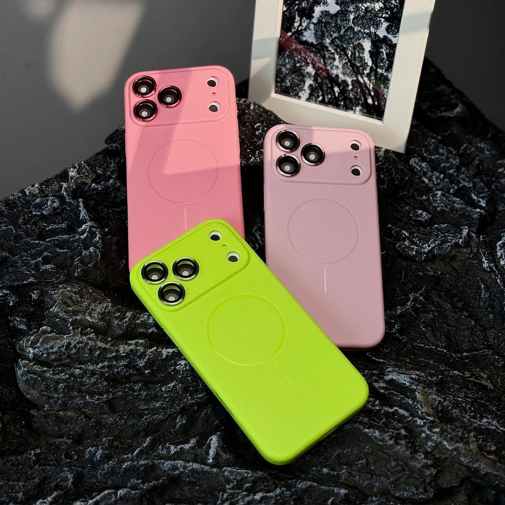 Frosted magnetic suction phone case with lens protector for iPhone 17 series in black, blue, grey, orange, pink, rose red or white.