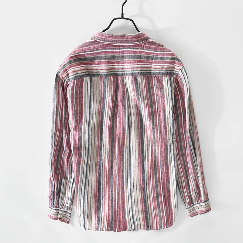 Men's striped linen shirt in loose fit with long sleeves, shown in red or grey colour options