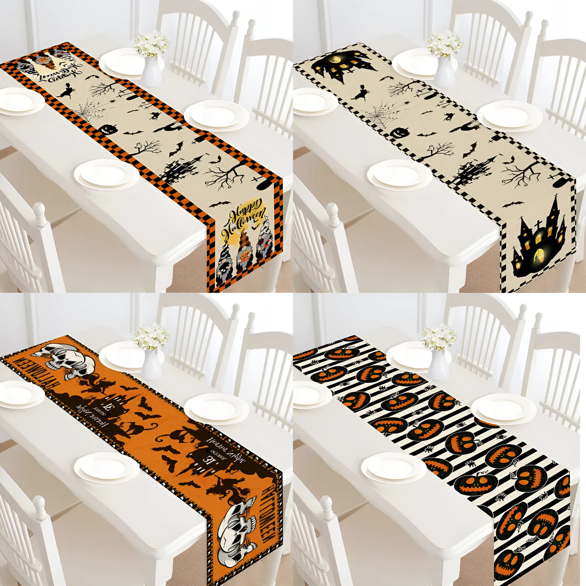 Halloween table runner in linen-style polyester, 30x182cm, single-sided bunting with digital heat transfer pattern