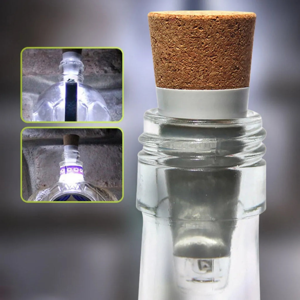 White plastic rechargeable LED cork light for bottle decoration, showing 15 LED beads.