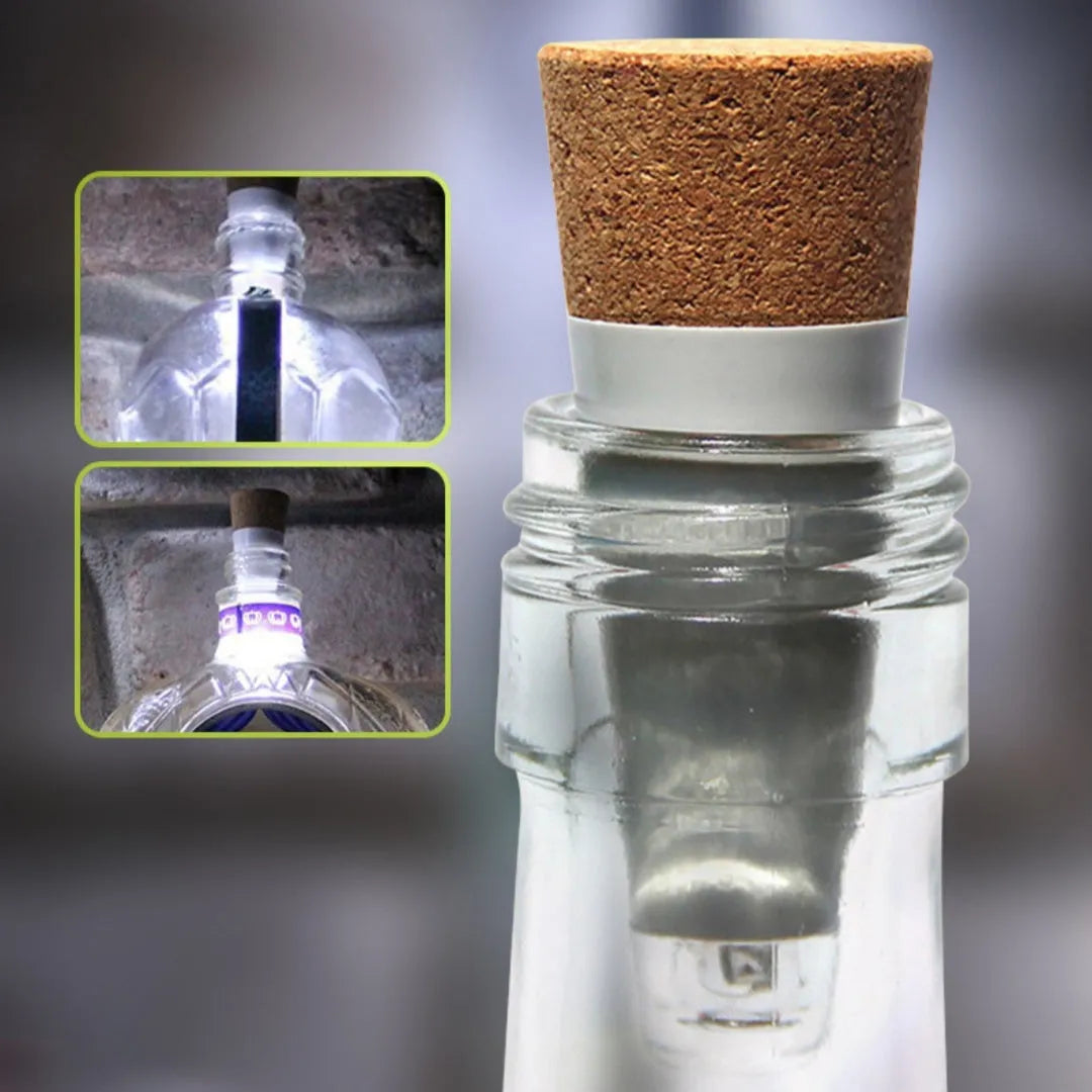 White plastic rechargeable LED cork light for bottle decoration, showing 15 LED beads.