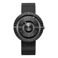Men's black sports watch with 43mm round dial, stainless steel strap, and butterfly double snap-fastener.