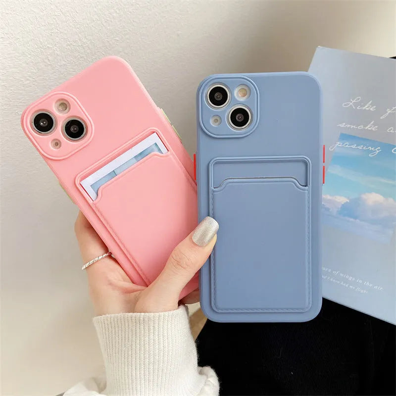 Sky blue colour-block silicone iPhone case with card slot for models 13 to 17