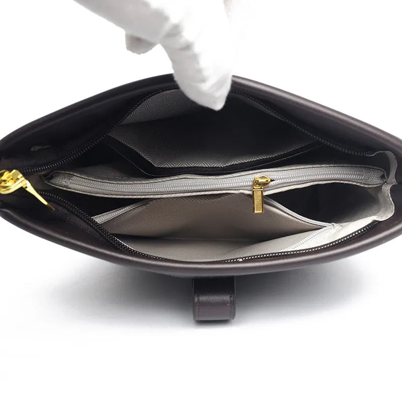 Korean-style soft PU bucket shoulder messenger bag in black colour with double straps and organised interior