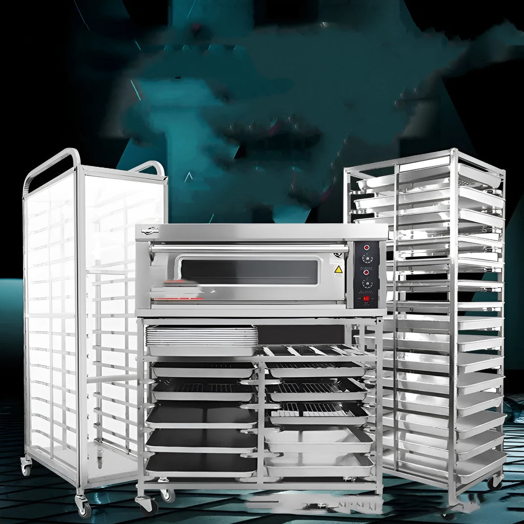 Stainless steel six-layer baking tray rack with lock feature for commercial kitchen use