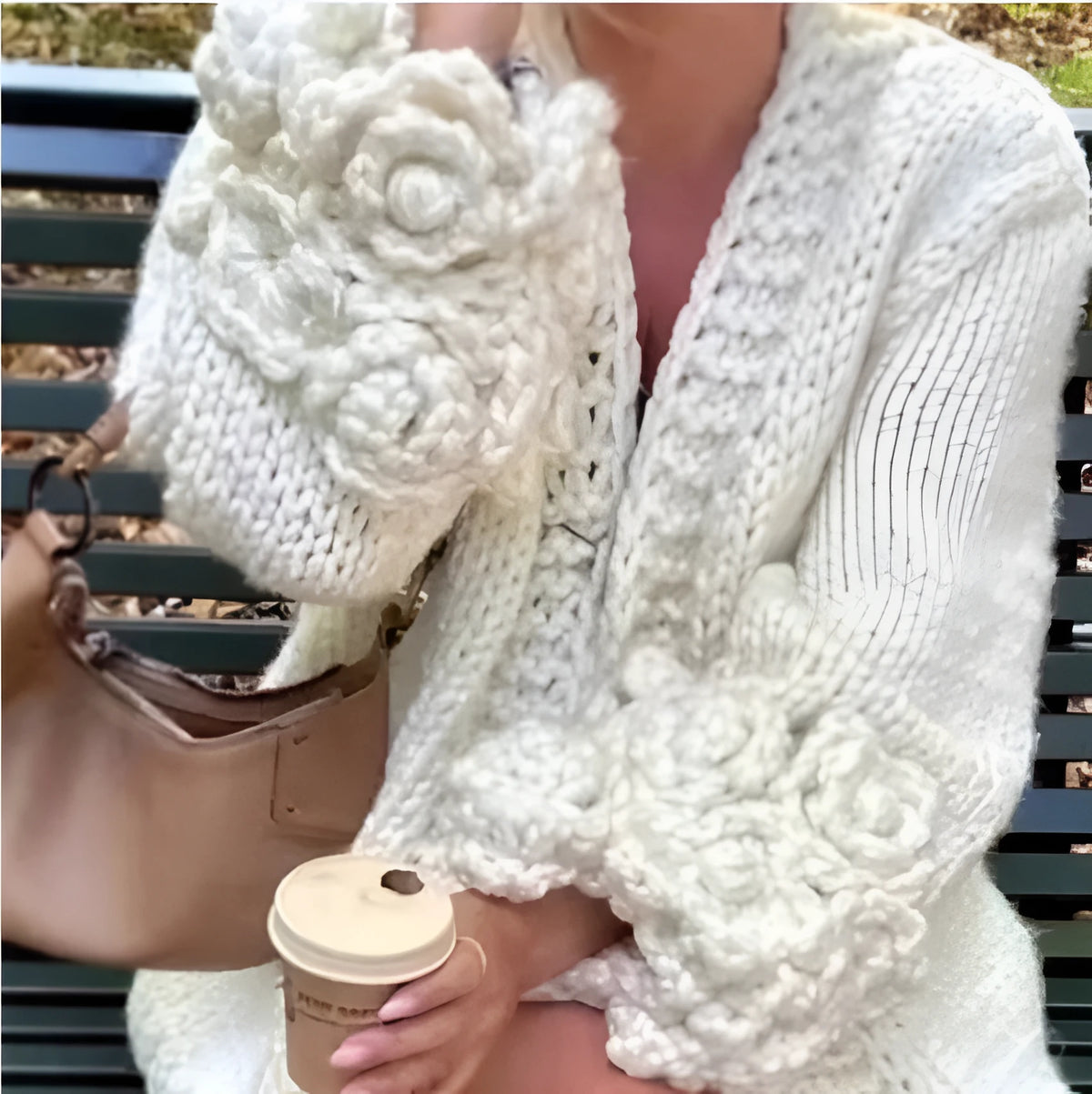 Long sleeve women's cardigan with petal flower sleeves, coarse knit, trueran fabric, available in 5 colours