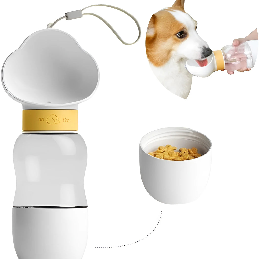Portable dog water bottle with 2-in-1 water dispenser and food container, rotary switch, and attached belt, in purple colour.