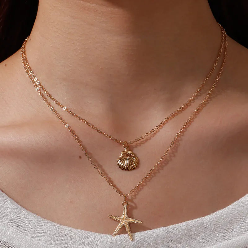Double-layer gold necklace with shell pendant on alloy chain, fashion OL style for women