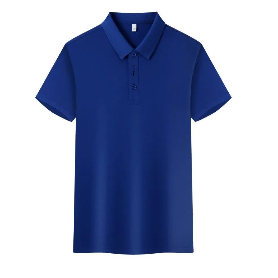 Cotton blend lapel collar polo T-shirt on a hanger, shown in Aerospace Blue colour.