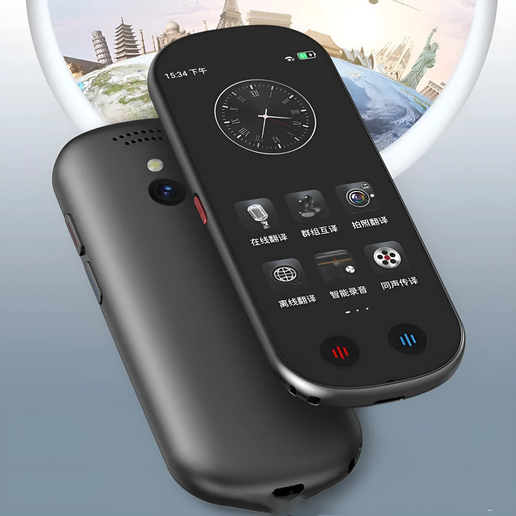 Black multi-language simultaneous interpretation translator device with charging cable and lanyard for business use.