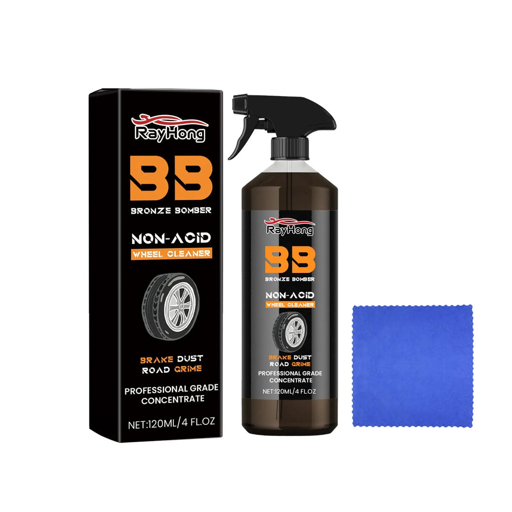 Car tyre cleaner kit showing 4.5x18.7cm spray bottle and 20x20cm microfibre towel for wheel cleaning.