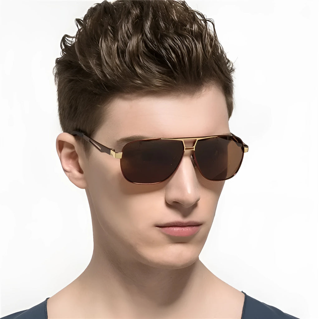 Men's polarised aviator sunglasses with orange red lenses and metal frame