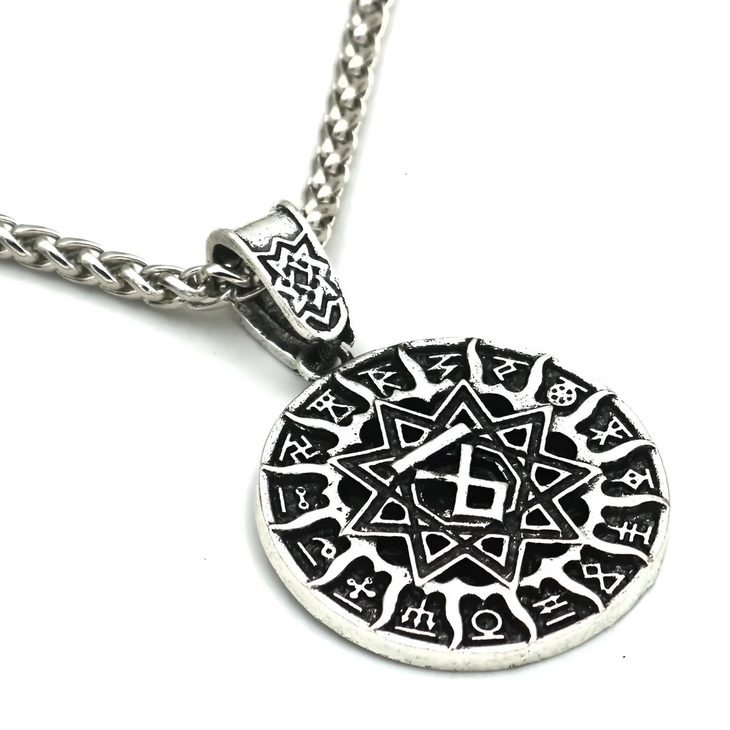 Lunavin ODing logo pendant necklace on an adjustable chain, showing antique silver and bronze finish options with snake bones and leather rope styles.