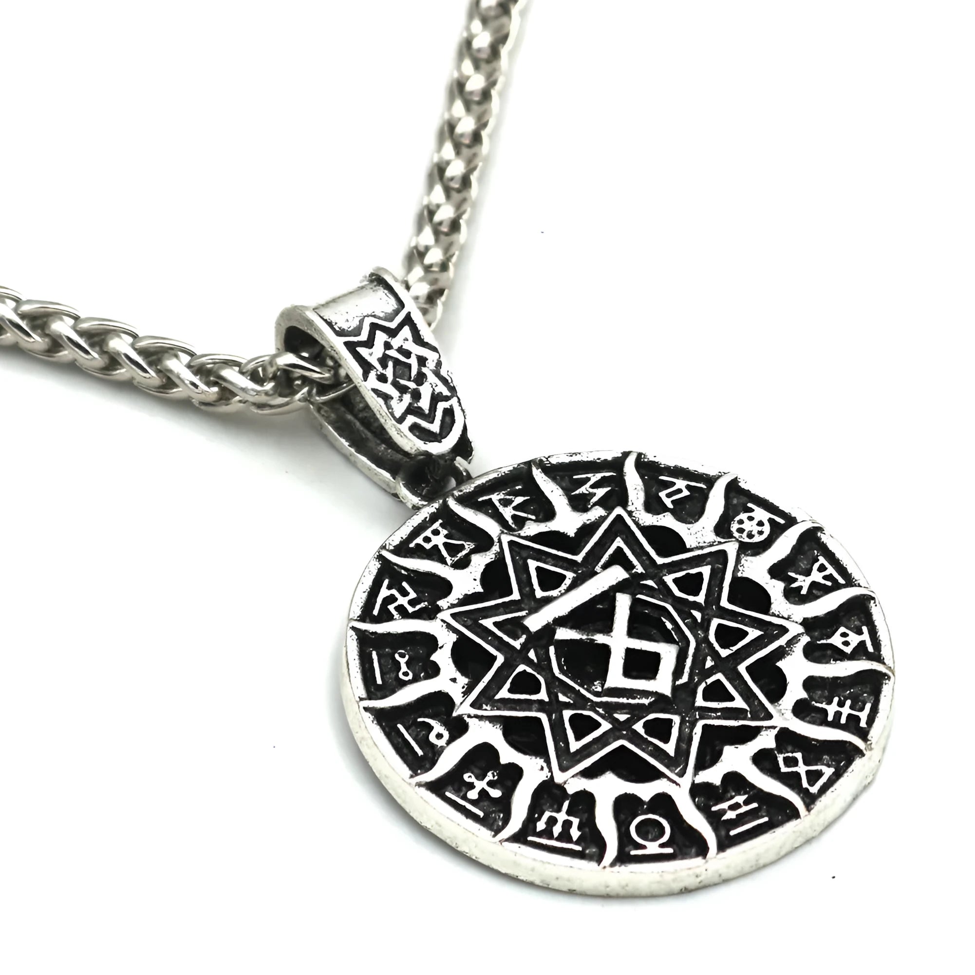 Lunavin ODing logo pendant necklace on an adjustable chain, showing antique silver and bronze finish options with snake bones and leather rope styles.