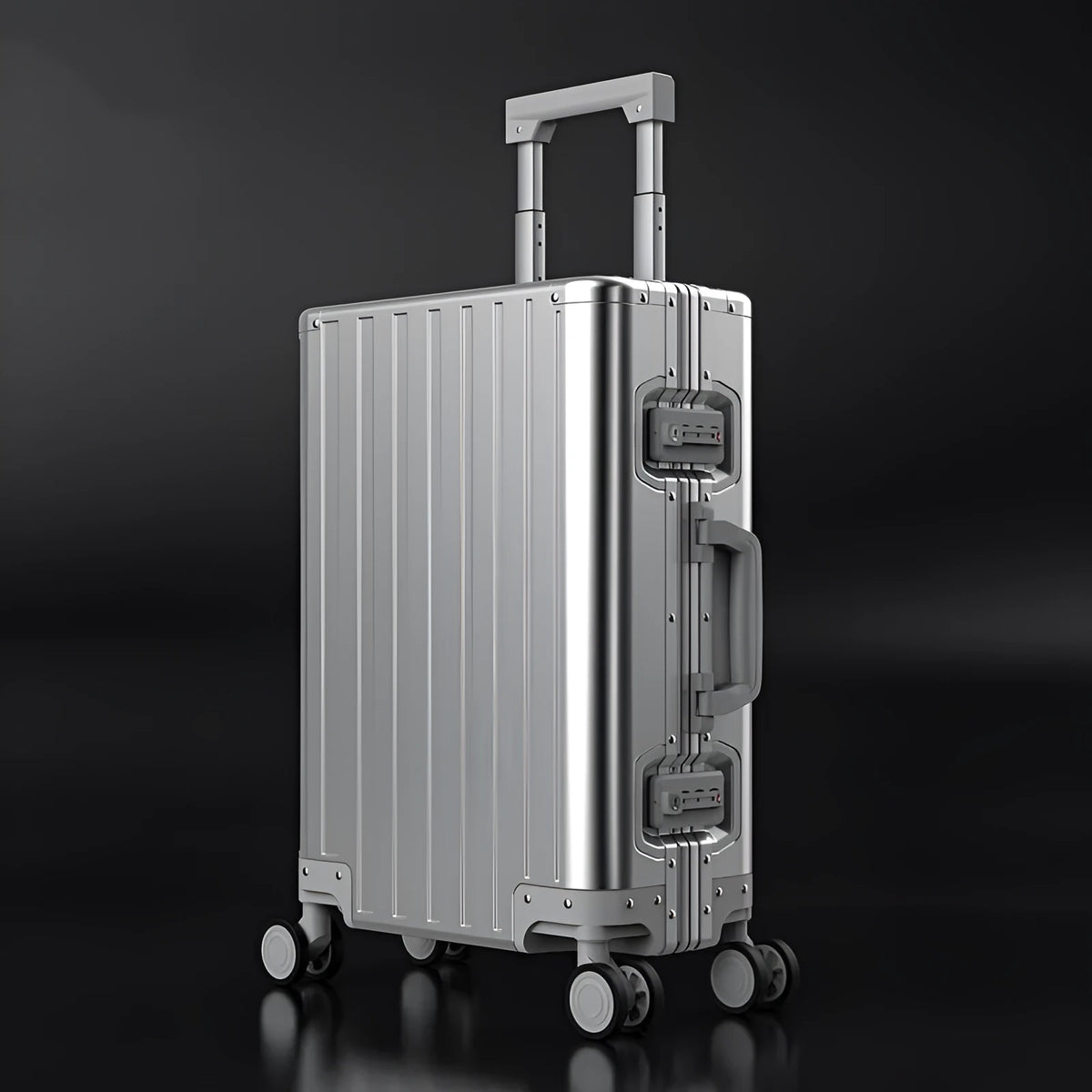 Aluminium magnesium alloy hard-shell travel luggage in a striped design, shown in silver finish.