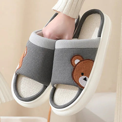 Cartoon bear cotton linen indoor slippers with PVC non-slip sole, shown in orange, pink, silver grey, and light brown