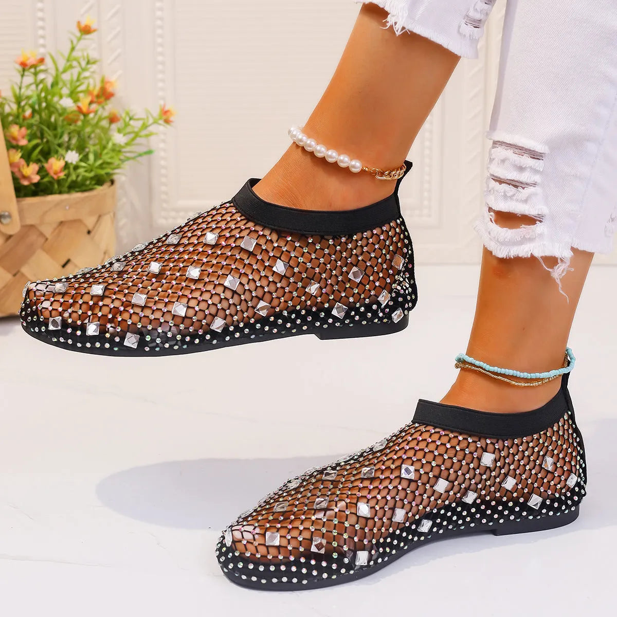 Women's colourful mesh flat sandals with rhinestone decoration and round toe