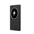 Black three-in-one magnetic wireless charging power bank with 5000mAh capacity showing wireless charging surface and output ports