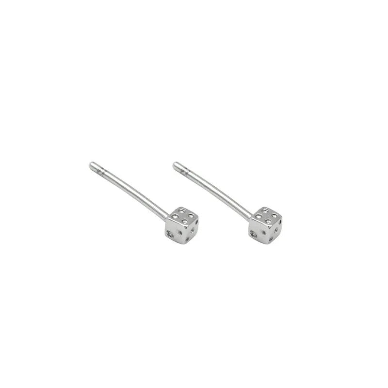 S925 sterling silver dice stud earrings in two sizes, geometric quadrilateral shape, on white background