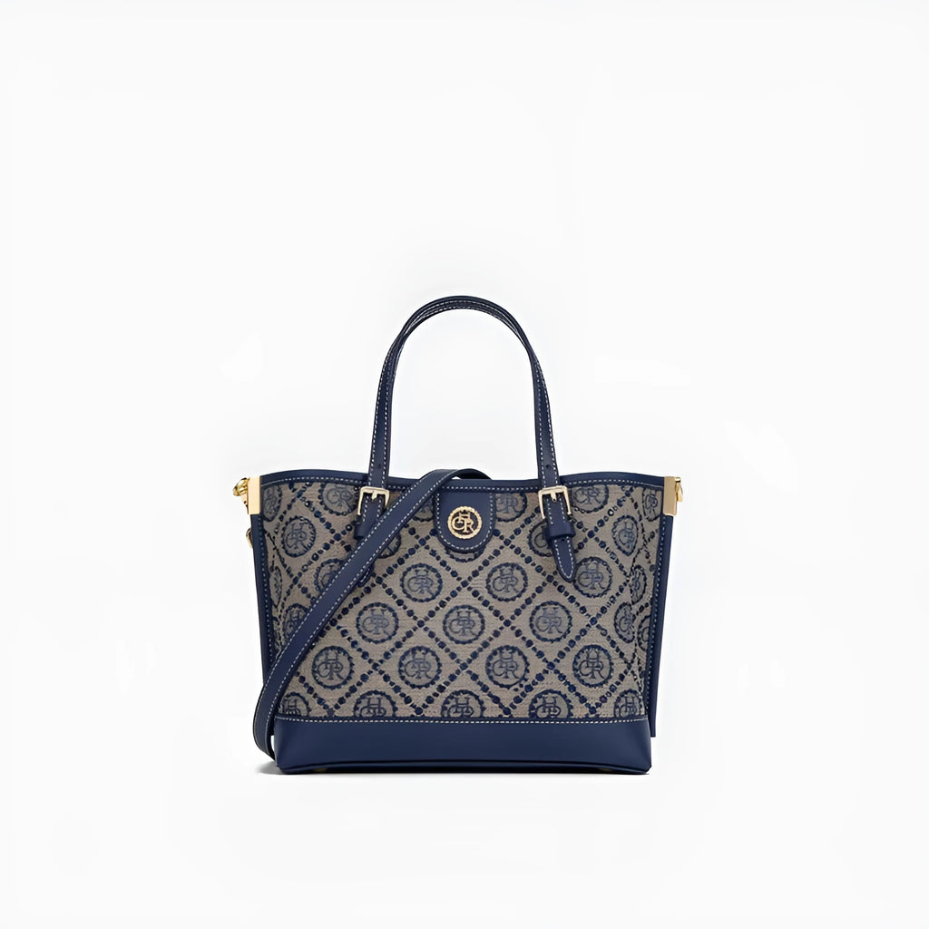 Blue PU tote bag with jacquard star diamond pattern, 29x15.5x19cm, horizontal square shape, small portable size
