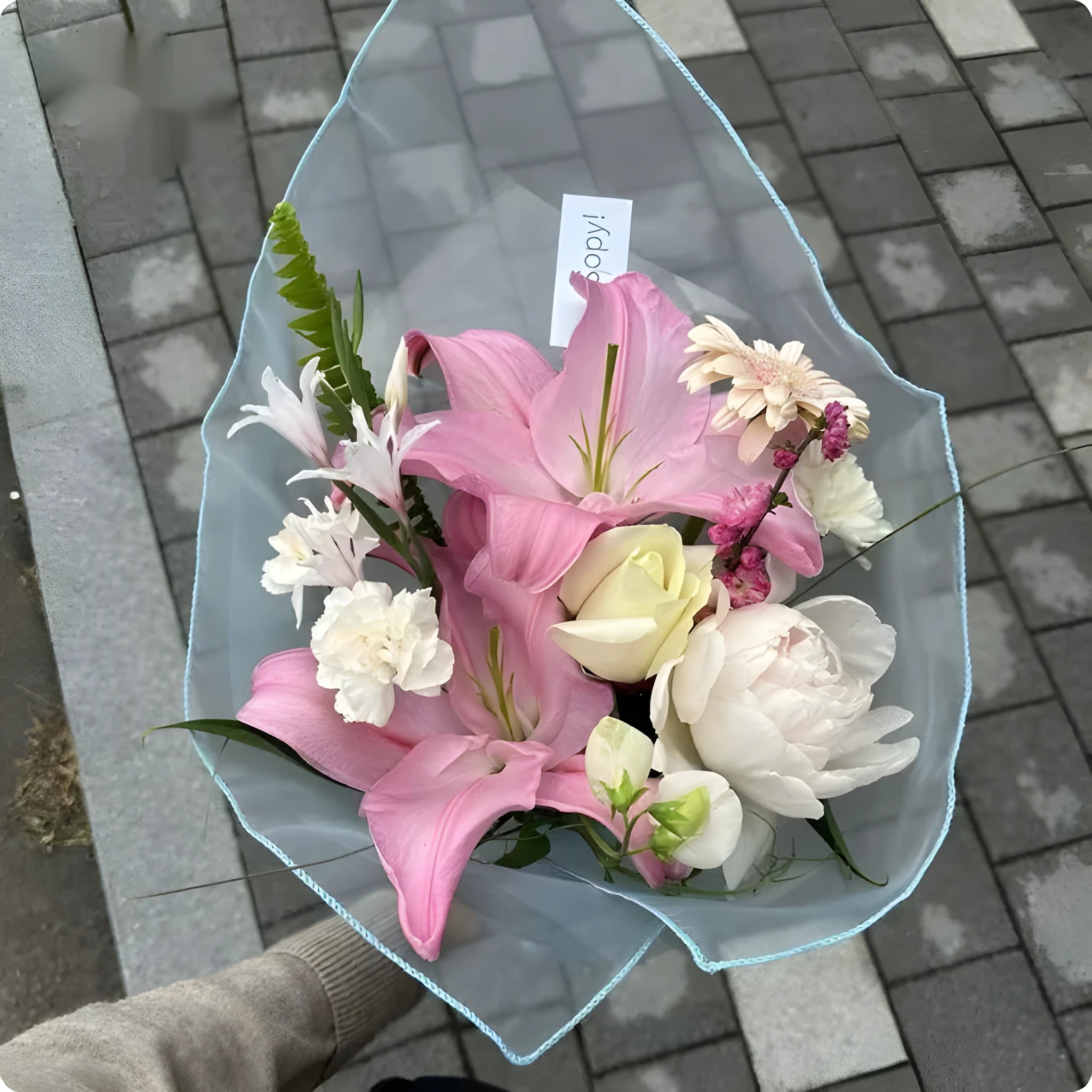 Silk arabesquitic fabric flower bouquet bag measuring 60x60cm in multiple colour options