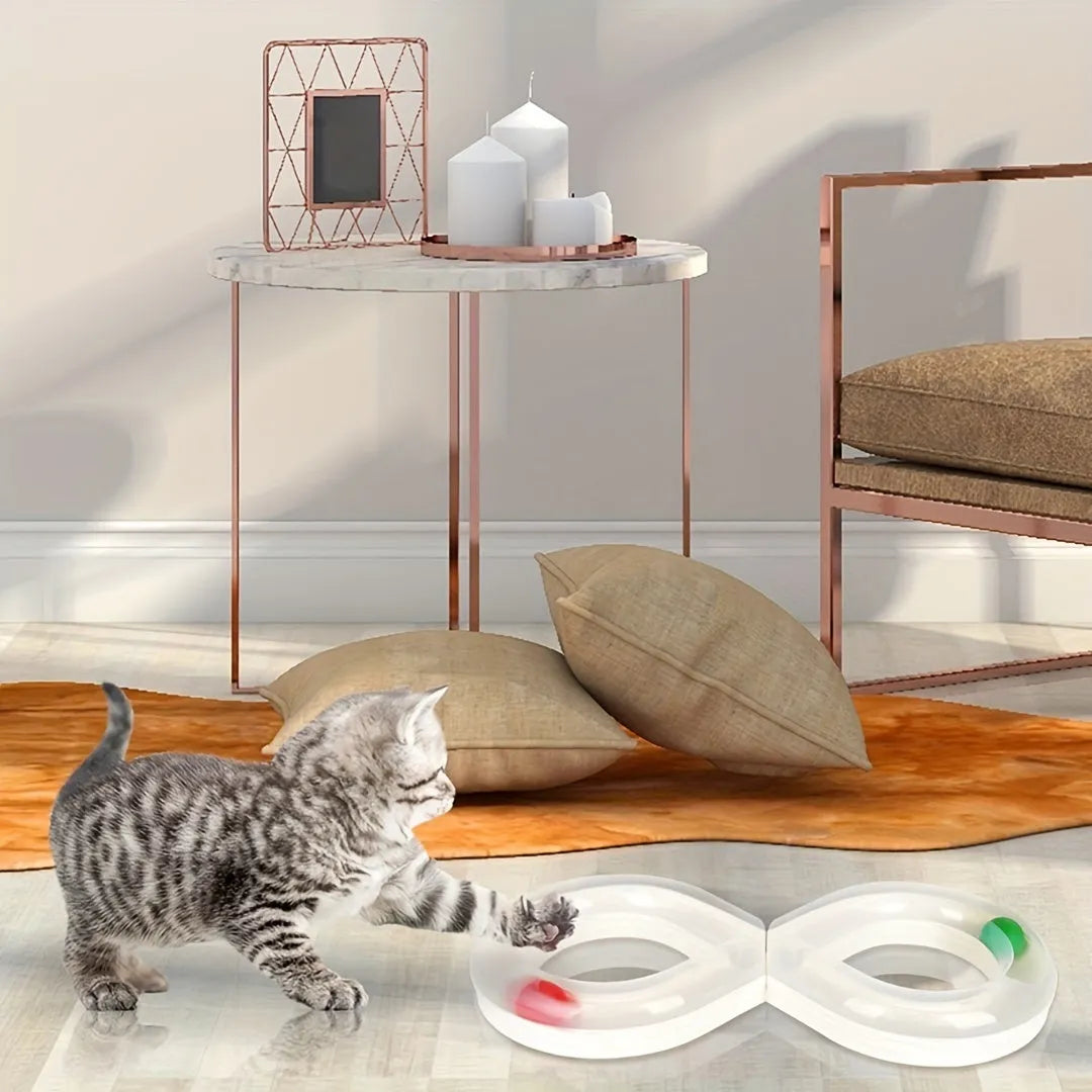 Interactive cat turntable toy with track balls and teasing stick on 50cm base