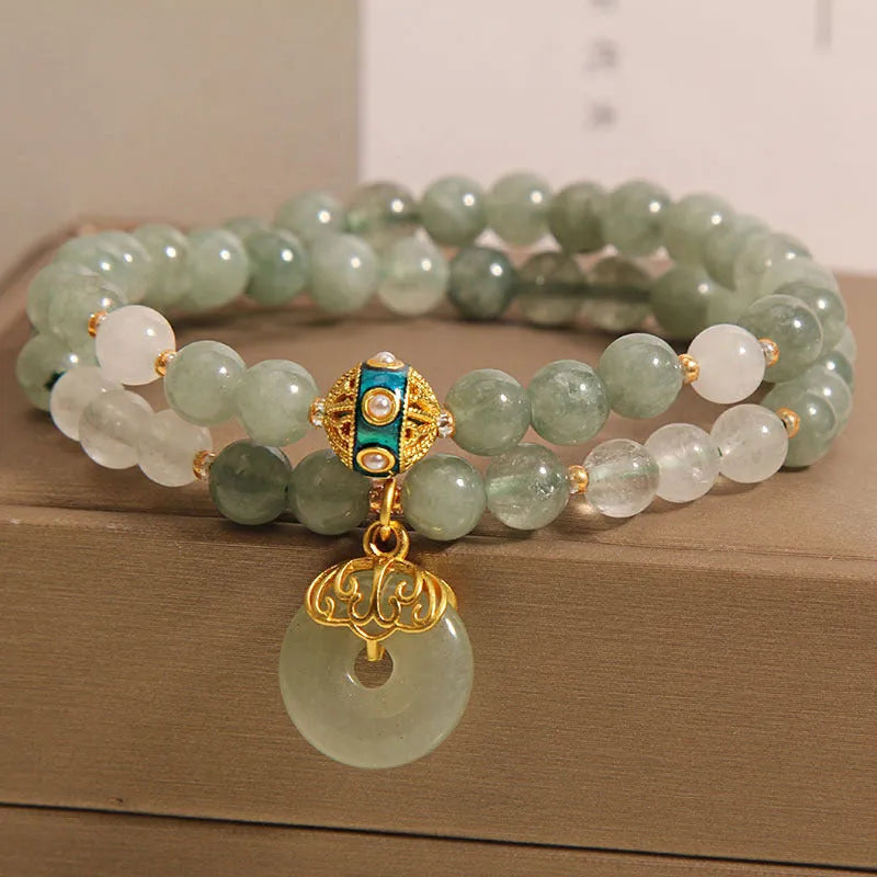 Women's double-layer aventurine jade bracelet with crystal safety buckle and rhinestone decoration