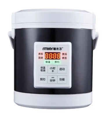 12V 24V mini rice cooker with 1.6L capacity, stainless steel shell, blue colour, and cigarette lighter cable