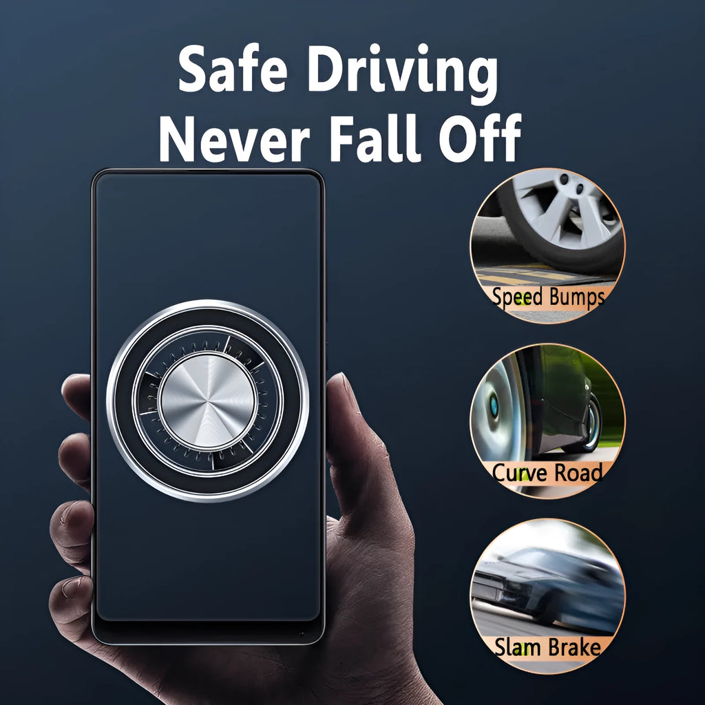 Black car air vent magnetic phone bracket attached to dashboard vent with smartphone mounted