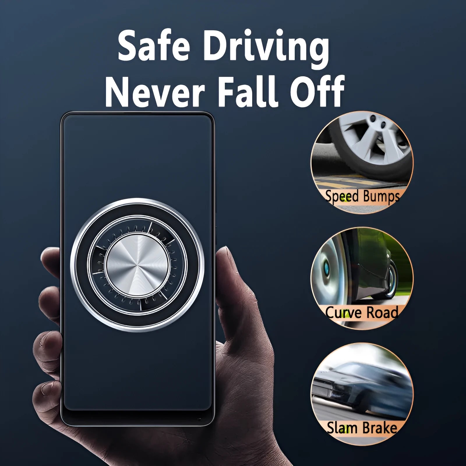 Black car air vent magnetic phone bracket attached to dashboard vent with smartphone mounted