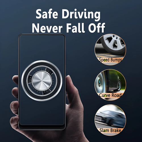 Black car air vent magnetic phone bracket attached to dashboard vent with smartphone mounted