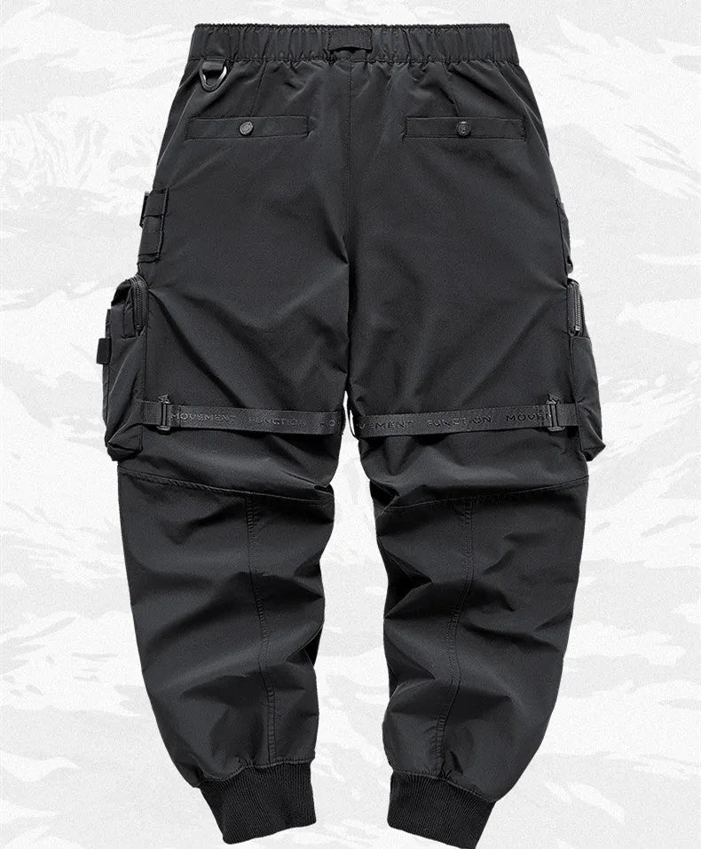 Men's multi pocket cargo pants black polyester loose fit mid waist casual trousers