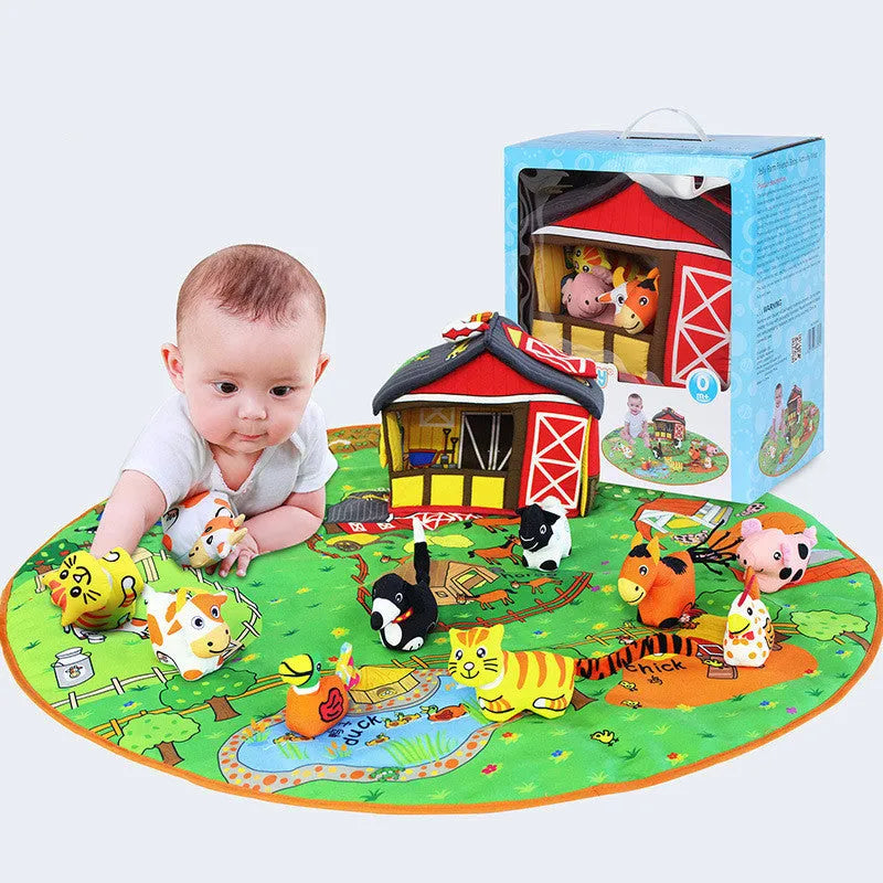 Baby play blanket crawling mat with animal toys, 1 cm thick, in farm or jungle theme.