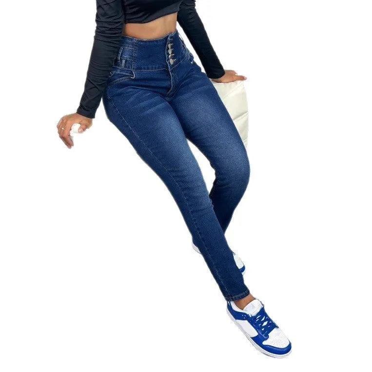 Women's dark blue straight-leg denim trousers with breasted styling and button details