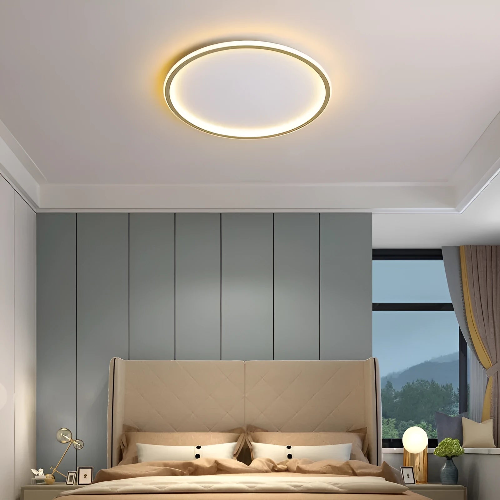 Modern minimalist circular LED ceiling lamp in black finish with integrated lights, shown in a bedroom setting.