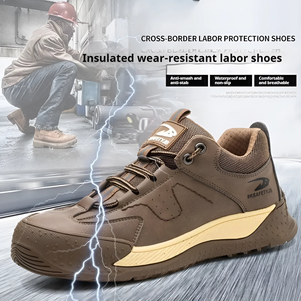 Men's black leather work safety shoes with rubber soles on a grey background