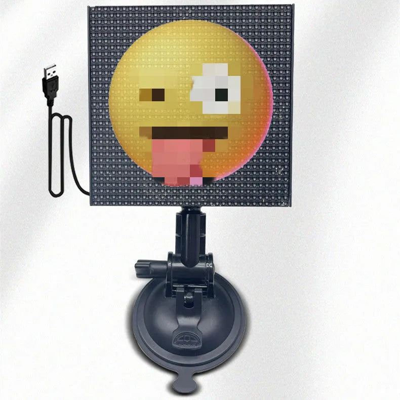 Full-colour 32x32 pixel Bluetooth car LED display showing a smiley face in horizontal scroll mode