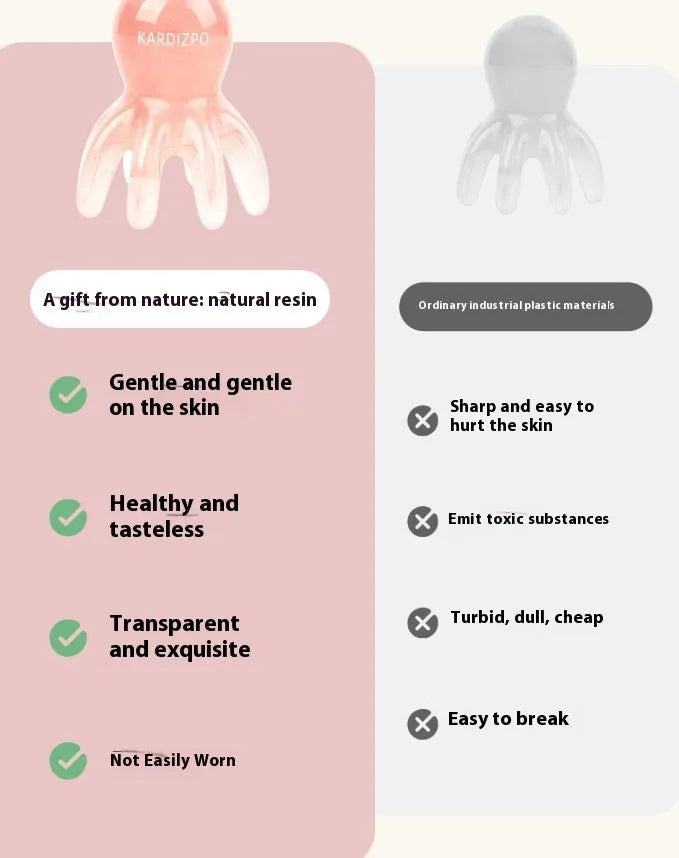 Pink natural resin octopus-shaped facial massage comb for periocular meridian therapy with storage bag.