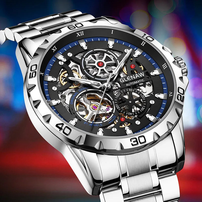 Men's automatic skeleton watch with luminous markers and stainless steel strap