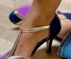 Women's round-toe high heel shoes with a button strap, shown in blue light pink colour.