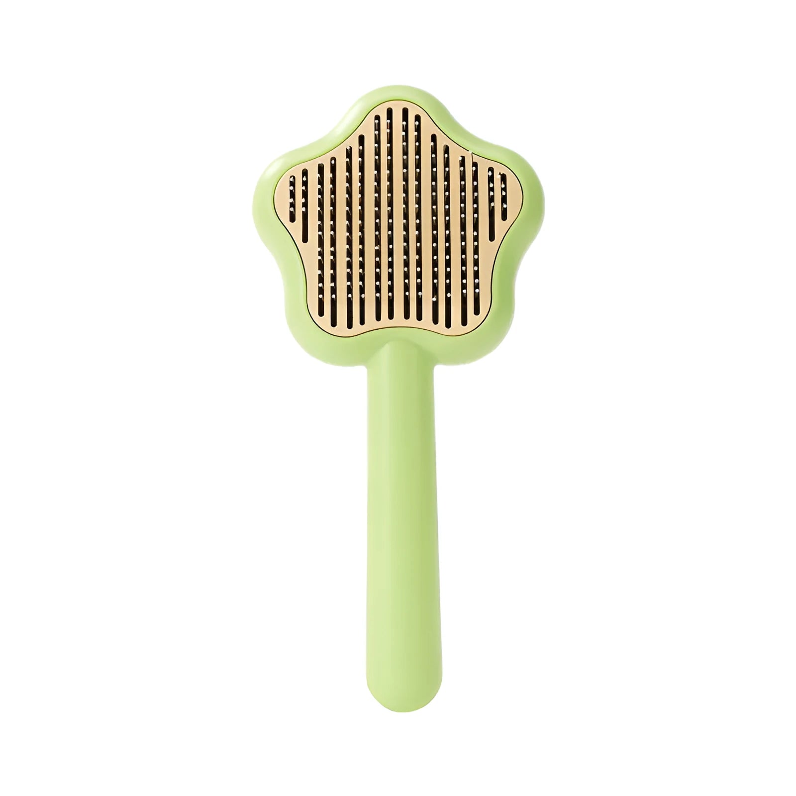 Magic wand cat comb with stainless steel needle teeth and self-cleaning mechanism in green colour