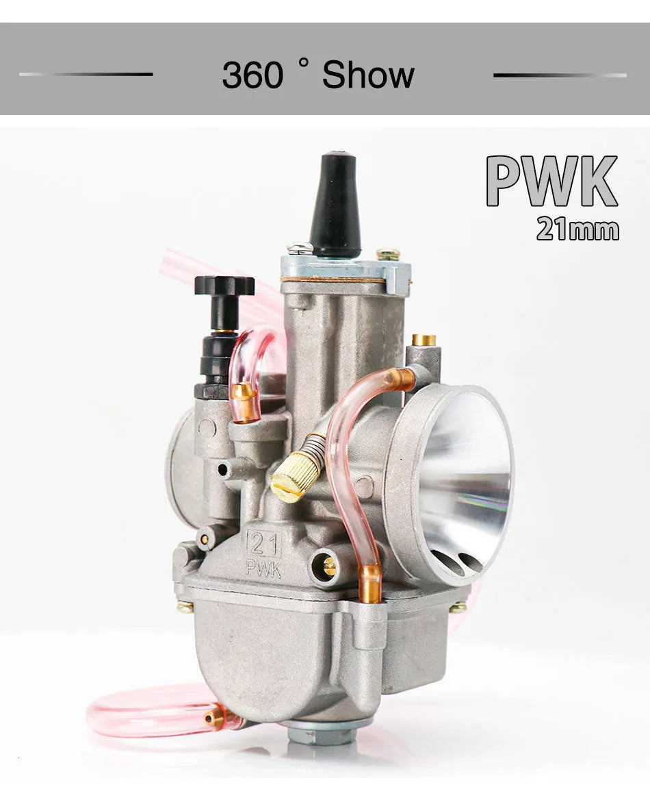 PWK sandblasted motorcycle carburettor conversion kit showing different bore sizes for engine performance modification.