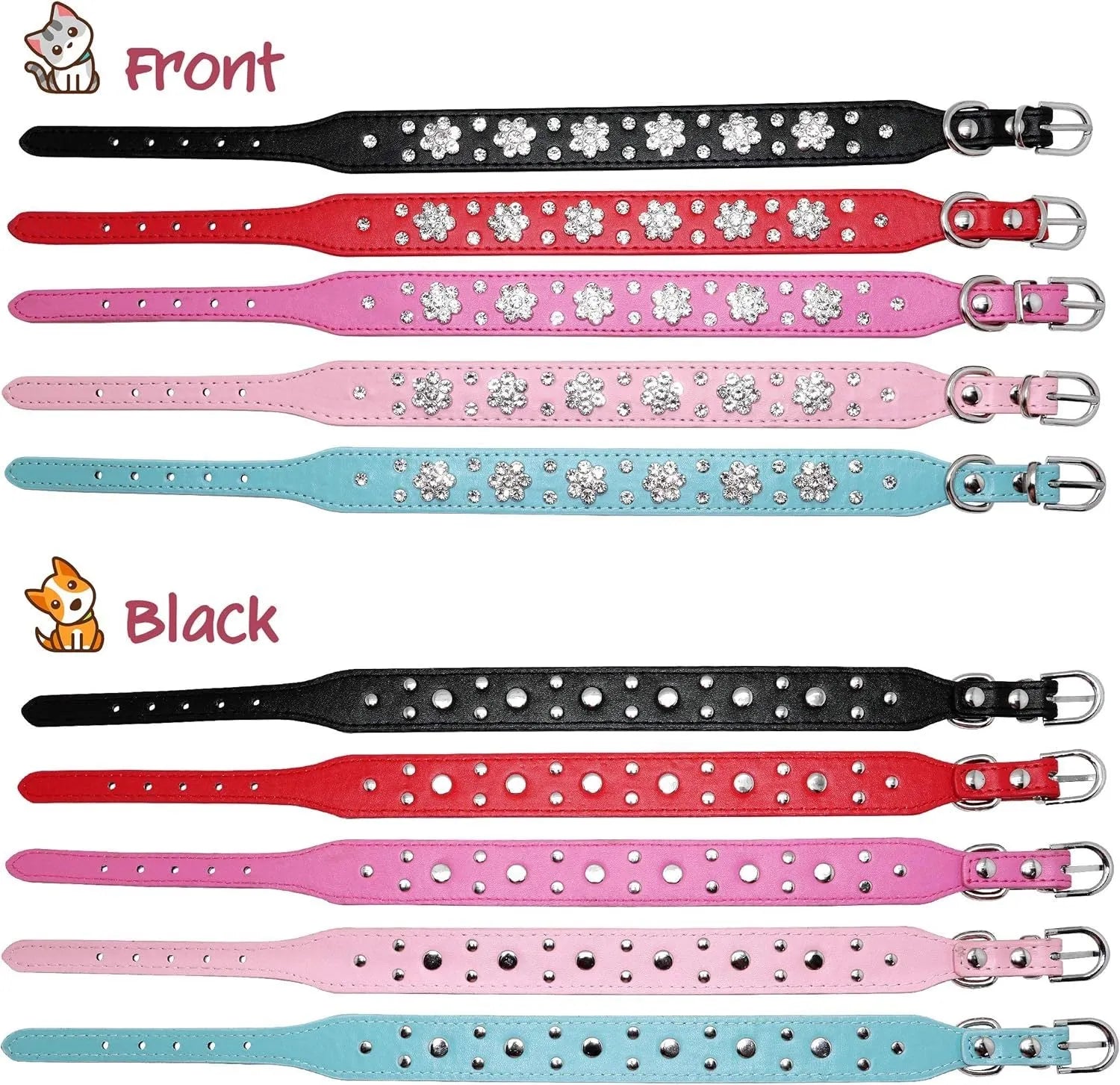 Black dog collar with shiny rhinestone flower pattern and metal D-ring on a soft PU leather strap.