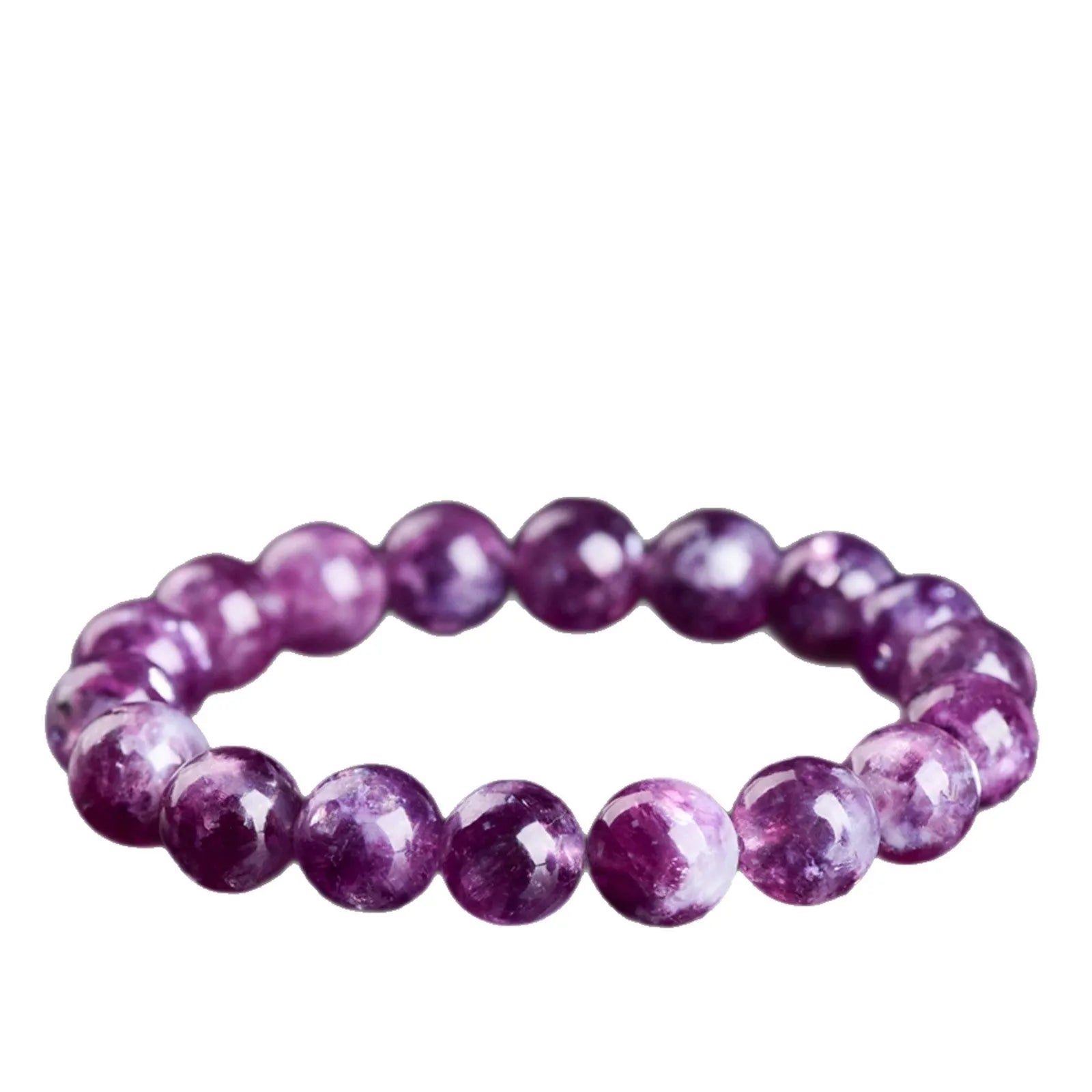 Grandmother polished crystal bracelet in geometric design showing pink purple 5A grade beads.
