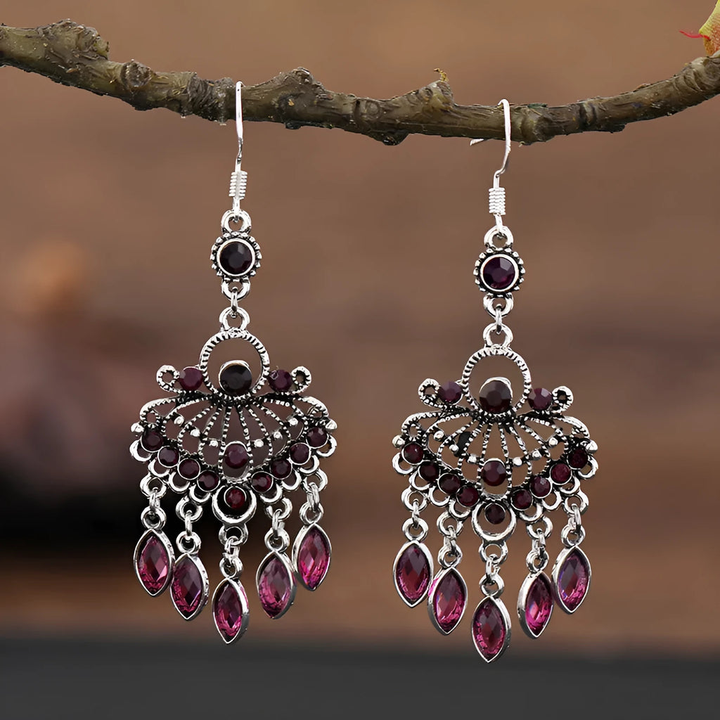 Purple long drop fringe earrings with crystals, ethnic retro style alloy jewellery.