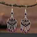 Purple long drop fringe earrings with crystals, ethnic retro style alloy jewellery.