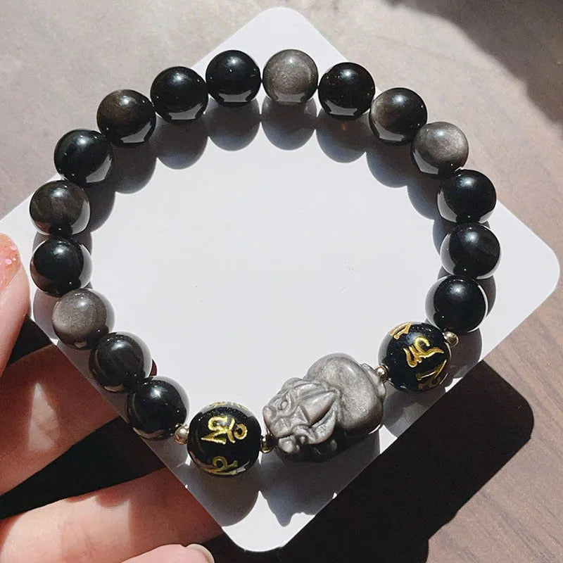 Men's Silver Stone bracelet with beaded design in Chinese style