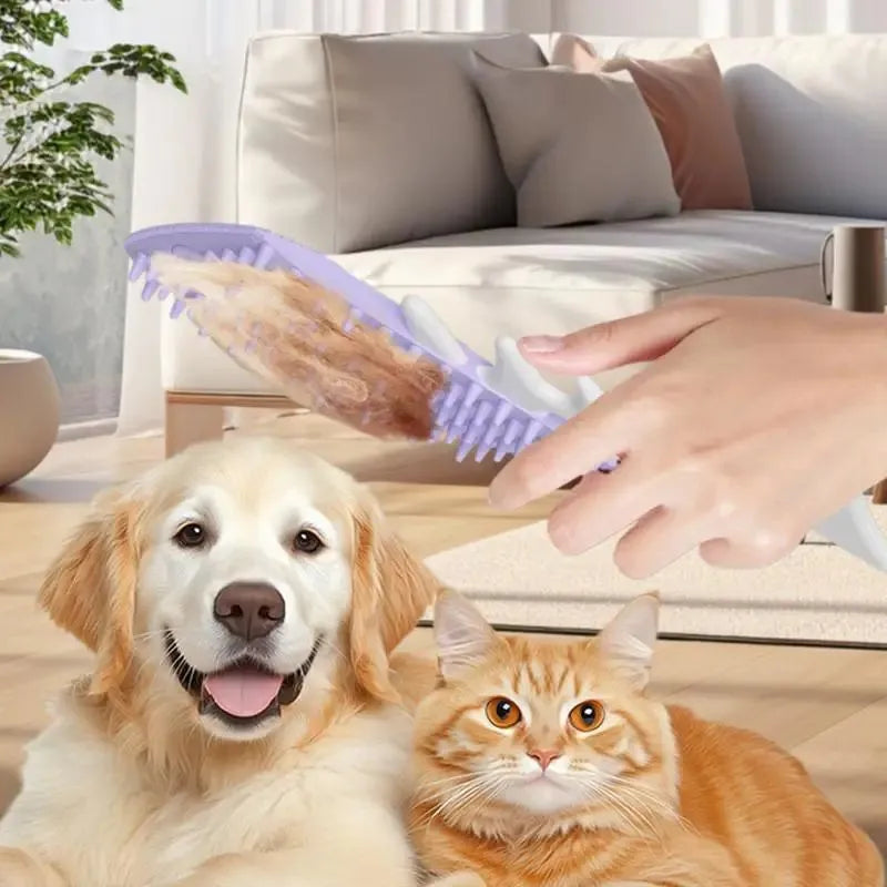Fishbone-shaped cat brush for indoor pets, available in blue, gray, and purple colours