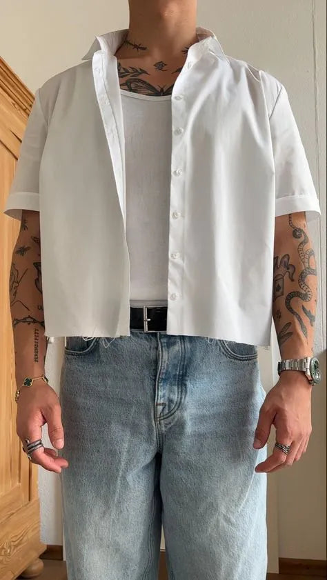 Men's plain white short sleeve shirt with a cropped length and regular fit.